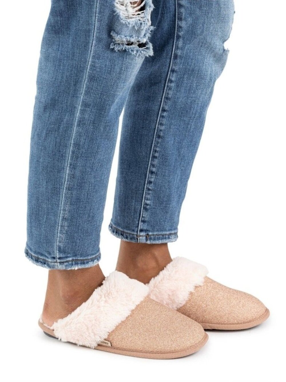 MUK LUKS Women's Sparkle Scuff Faux Fur Slippers Rose Gold Pink Glitter 7-8 M